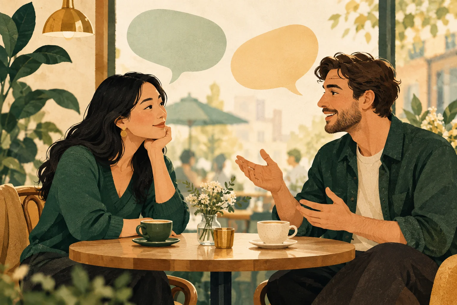Two adults listen and respond at a café table.