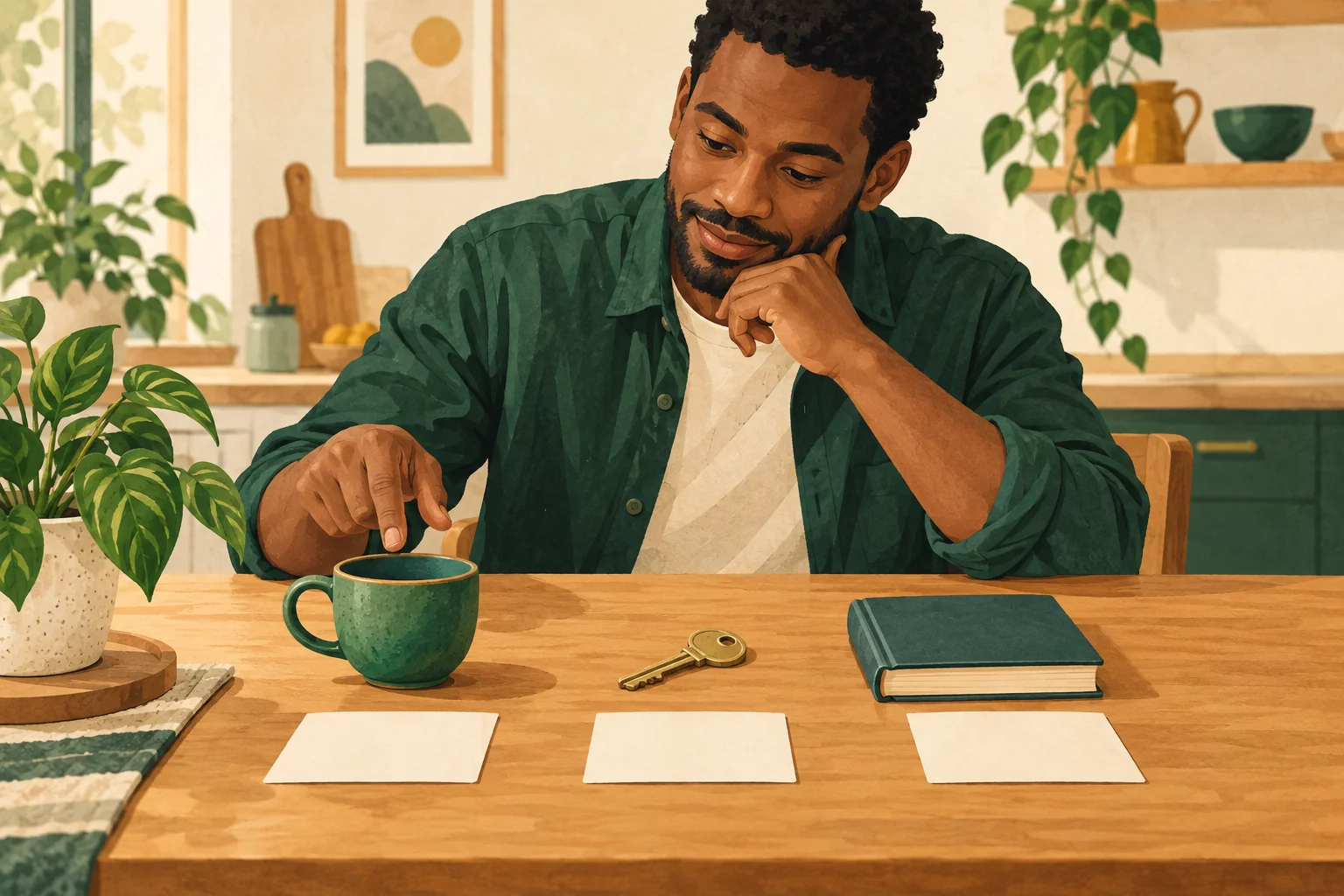 A learner connects vocabulary cards with a cup, key and book.
