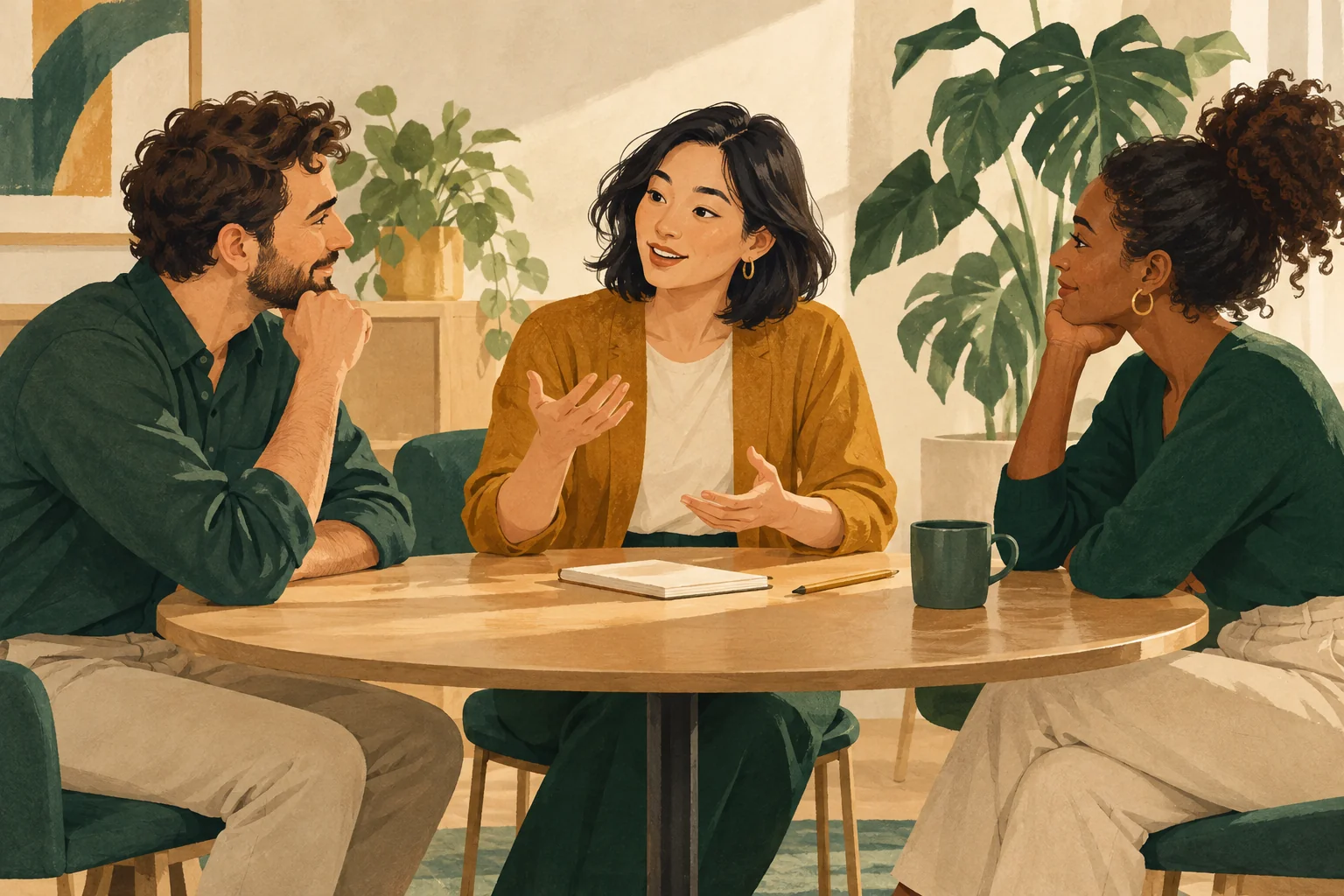 Three colleagues discuss a task around a meeting table.
